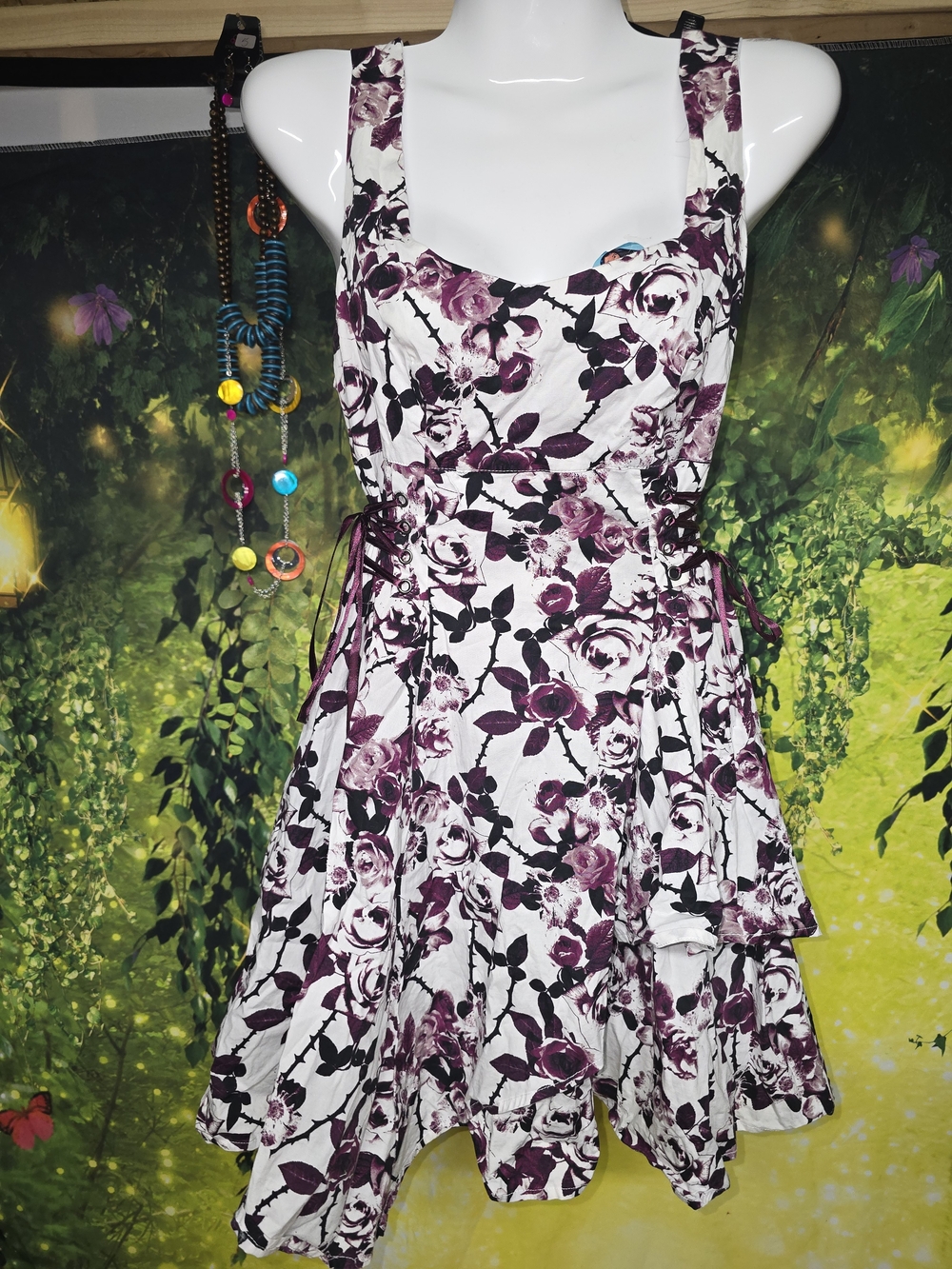 #191 Hot Topic White & Burgundy Floral Side Lace-Up Asymmetrical Hem Dress